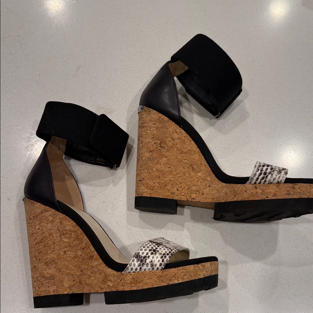 Jimmy Choo Black and Tan Wedge Sandals